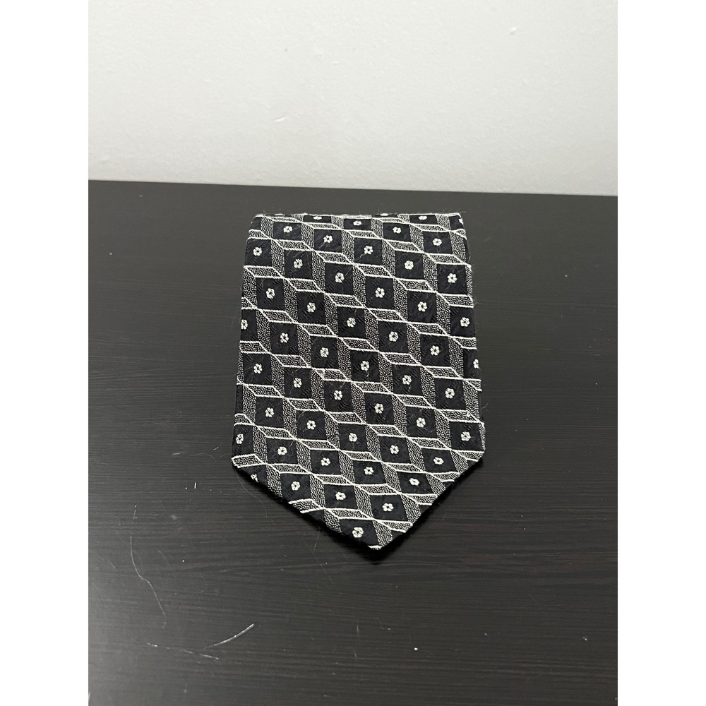 Paul Fredrick Mens Silk Tie Black Silver Geometric Floral Hand Tailored USA Made
